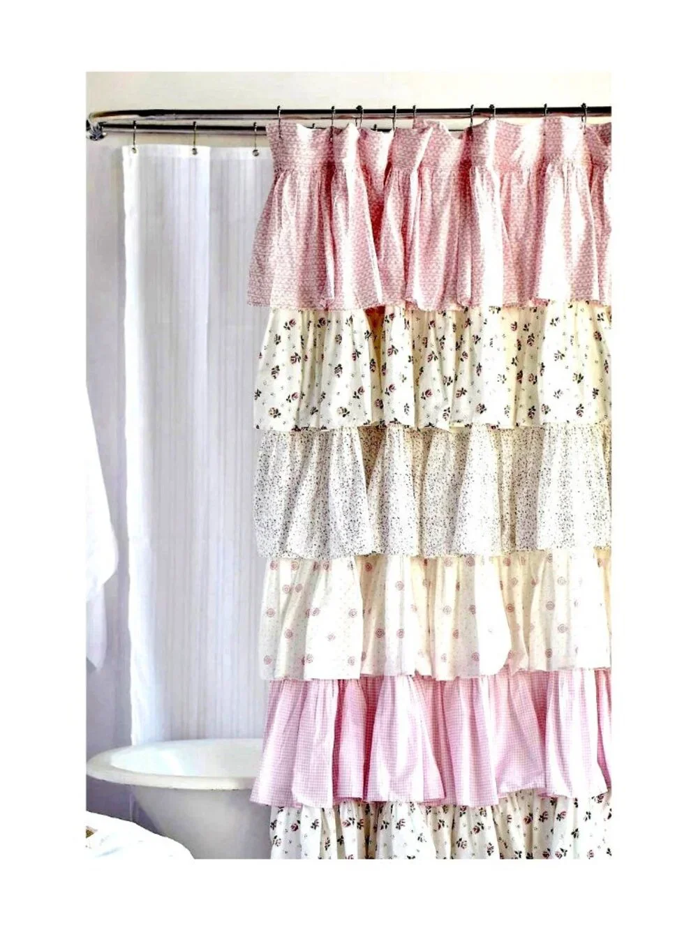Ruffled Shower Camryn Curtain Pink & White AMITY HOME 100% Cotton Cottagecore